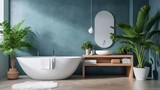Modern minimalist bathroom interior, modern bathroom cabinet, white sink, wooden vanity, interior plants, bathroom accessories, bathtub and shower, white and blue walls, concrete floor
