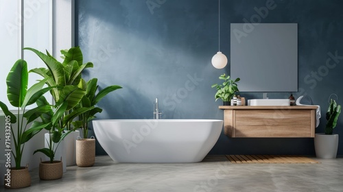 Modern minimalist bathroom interior, modern bathroom cabinet, white sink, wooden vanity, interior plants, bathroom accessories, bathtub and shower, white and blue walls, concrete floor photo