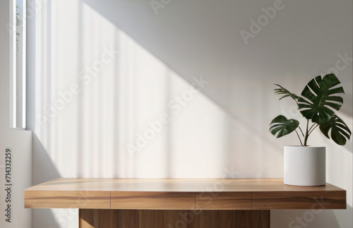  Empty minimal natural wooden table counter podium, beautiful wood grain in sunlight, shadow on white wall for luxury cosmetic, skincare, beauty treatment, decoration product display background