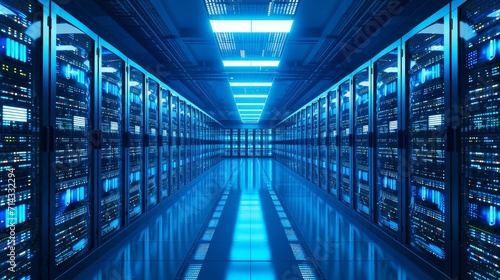 Modern web network and internet telecommunication technology, big data storage and cloud computing computer service business concept: server room interior in datacenter in blue light photo