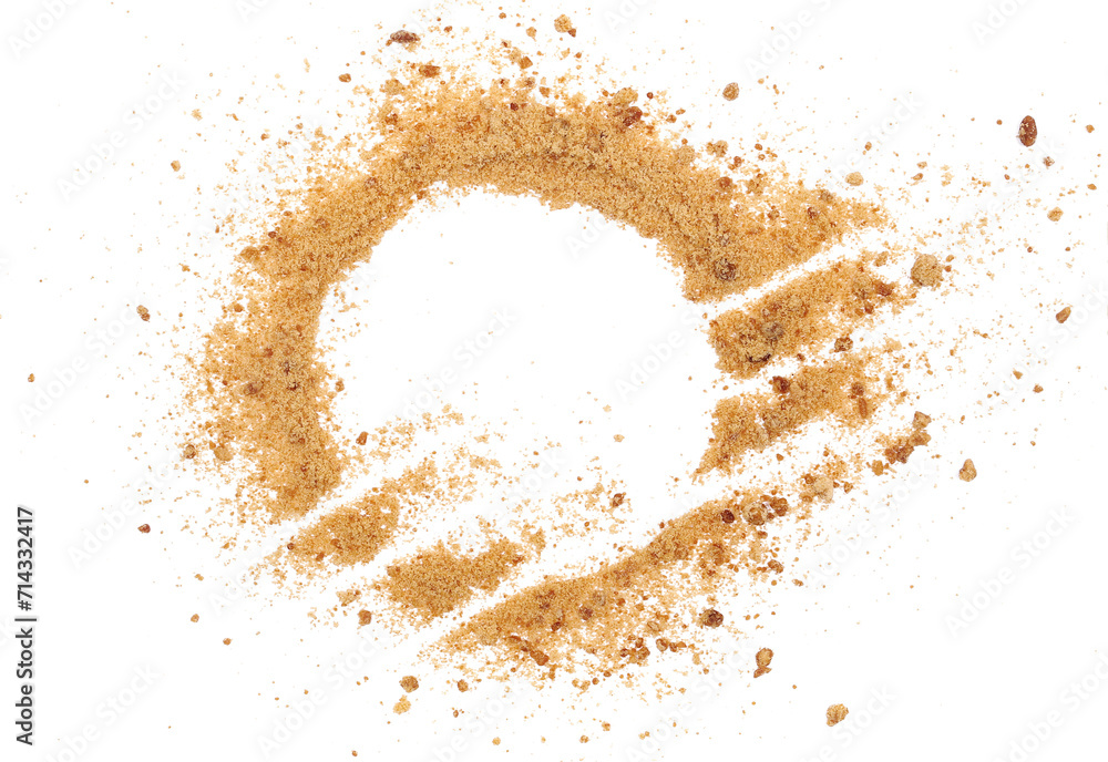 Unrefined brown cane sugar isolated on white, top view Unrefined brown cane sugar isolated on white, top view