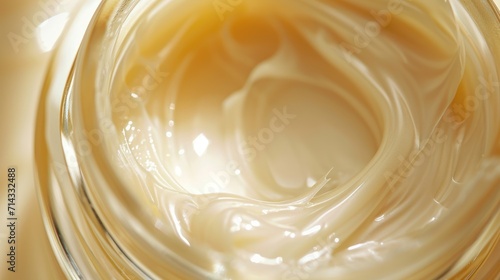  a close up of a glass jar filled with liquid and a white substance in the middle of the jar, with a yellow and white swirl in the middle of the top of the jar.
