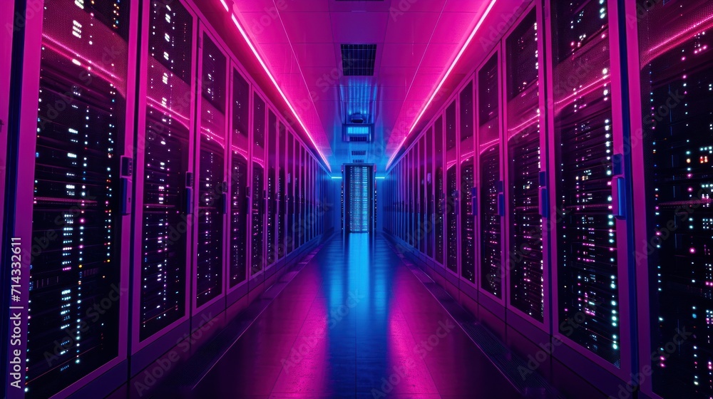 Shot of Dark Data Center With Multiple Rows of Fully Operational Server Racks. Modern Telecommunications, Cloud Computing, Artificial Intelligence, Database, Supercomputer. Pink Neon Light Shot of Dark Data Center With Multiple Rows of Fully Operational Server Racks. Modern Telecommunications, Cloud Computing, Artificial Intelligence, Database, Supercomputer. Pink Neon Light