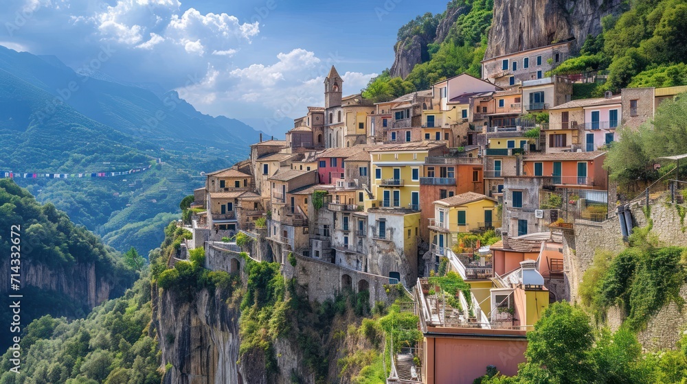  a village on the side of a mountain with a view of a valley and mountains in the distance with a train on the side of the mountain in the distance.