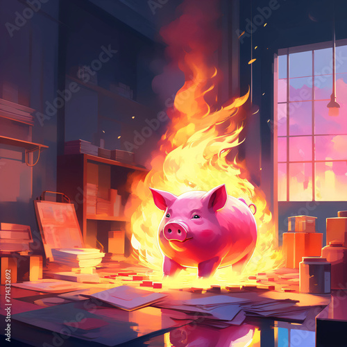 Cofrinho pegando fogo dentro de um escritório. Cofrinho rosa em chamas, economia e poupança em alta. photo