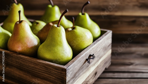 Fresh ripe pears arranged neatly in a rustic wooden crate, adorned with a visible green recycle symbol, illustrating the sustainable practice of composting and recycling organic kitchen waste
