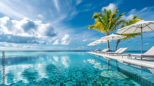 Stunning landscape, swimming pool blue sky with clouds. Tropical resort hotel in Maldives. Fantastic relax and peaceful vibes, chairs, loungers under umbrella and palm leaves. Luxury travel vacation #714332699