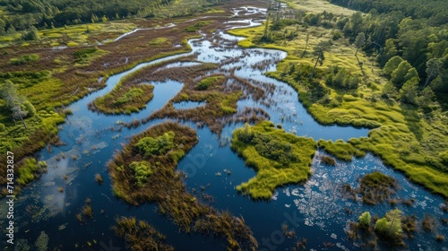  an aerial view of a river in the middle of a lush green area with lots of trees and bushes on either side of the river is a large body of water.