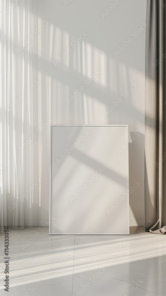 A minimalist living room with a large, empty plain canvas frame leaning against a clean, white wall. Soft natural light filters through sheer curtains, highlighting the frame's texture A minimalist living room with a large, empty plain canvas frame leaning against a clean, white wall. Soft natural light filters through sheer curtains, highlighting the frame's texture