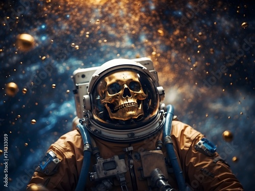 An astronaut turned into a skull floats in the abyss of space