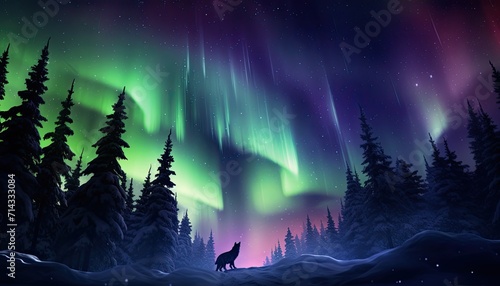 View of night sky with aurora borealis and mountain peak background. Wolf silhouette  night glows in vibrant aurora reflection on the lake with forest.