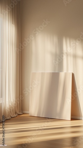 A minimalist living room with a large, empty plain canvas frame leaning against a clean, white wall. Soft natural light filters through sheer curtains, highlighting the frame's texture.