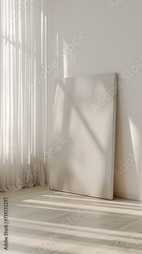 A minimalist living room with a large  empty plain canvas frame leaning against a clean  white wall. Soft natural light filters through sheer curtains  highlighting the frame s texture