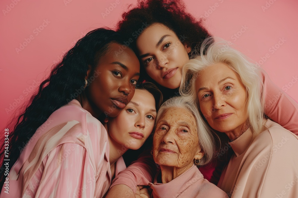 Obraz premium Group of diverse women of different ages and ethnities posing together, symbolizing unity and multigenerational beauty on a pink background..