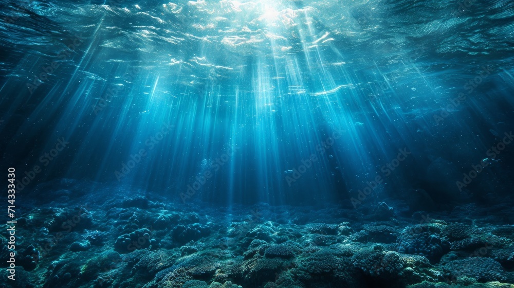 Underwater Ocean - Blue Abyss With Sunlight - Diving And Scuba Background - obrazy, fototapety, plakaty 