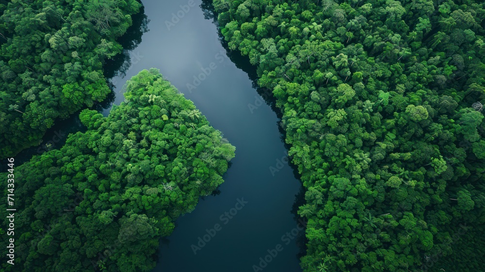 an aerial view of a river in the middle of a forest with lots of green trees on both sides of the river and the river running through the center of the trees. an aerial view of a river in the middle of a forest with lots of green trees on both sides of the river and the river running through the center of the trees.