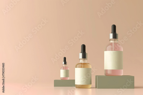A single eco-friendly skincare oil bottle with a dropper, presented on a pedestal with a natural color accent, against a soft pink and white background..