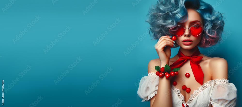 A girl with blue hair is eating berries.