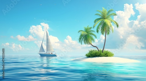 Vector 3d illustration of tourist island with palm tree and yacht on the sea, uninhabeted island eco tourism vacation