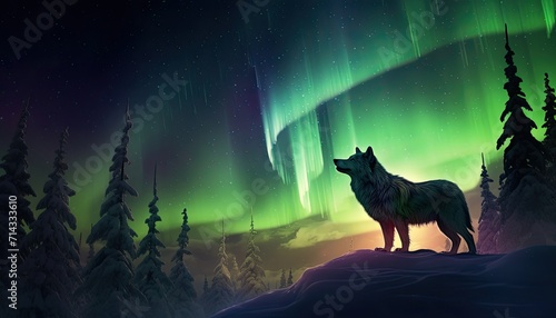 View of night sky with aurora borealis and mountain peak background. Wolf silhouette, night glows in vibrant aurora reflection on the lake with forest.