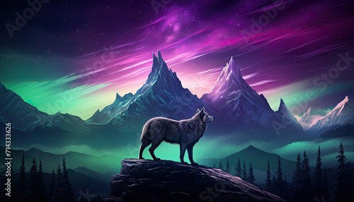 View of night sky with aurora borealis and mountain peak background. Night glows in vibrant aurora reflection on the lake with forest.