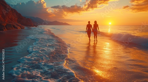  a couple of people walking on top of a beach next to a body of water with a sun setting in the sky over the ocean and mountains in the background.