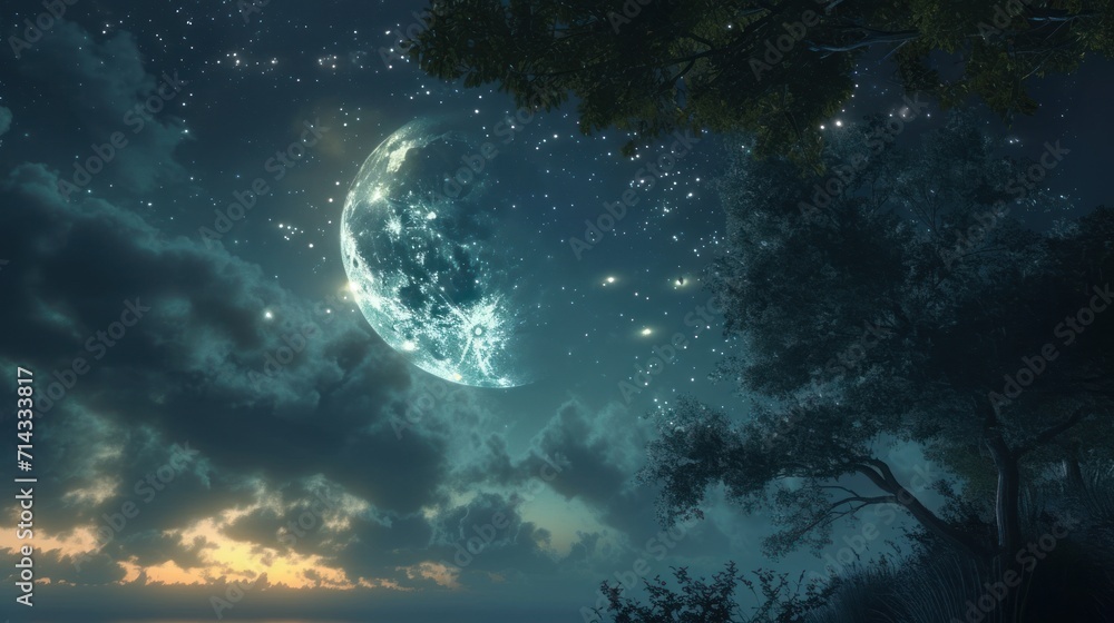 Naklejka premium a night scene with a full moon in the sky and a tree in the foreground with a few stars in the sky and a few clouds in the foreground.