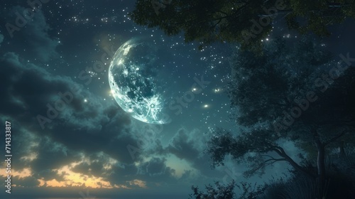  a night scene with a full moon in the sky and a tree in the foreground with a few stars in the sky and a few clouds in the foreground.