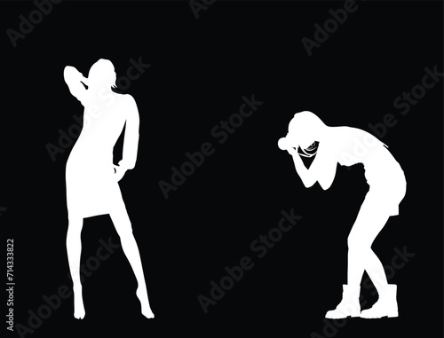 Handsome woman posing paparazzo girl photographer vector silhouette illustration isolated on black background. Fashion pose attractive girl shape. Sexy lady. Female figure shadow. glamour top model.
