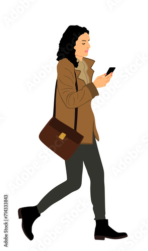 Attractive woman in coat walking vector illustration isolated on white background. Urban handsome girl in fashion wear on street. Good looking styling lady call mobile phone. Classy charming female.