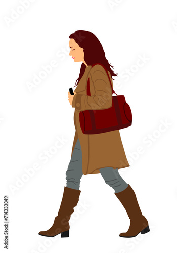 Attractive woman in coat walking vector illustration isolated on white background. Urban handsome girl in fashion wear on street. Good looking lady styling. Classy charming female. Autumn wear.