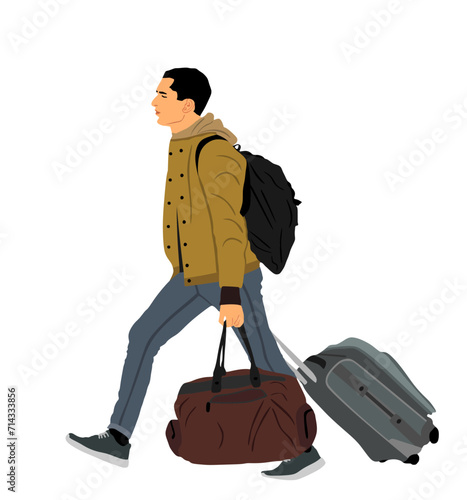 Attractive man walking to airport vector illustration isolated on white background. Urban handsome boy with backpack baggage bags. Student traveler with luggage on trip. Tourist male travel packing.