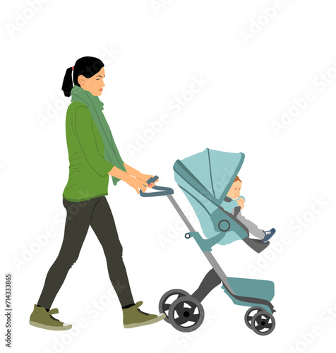 Mom and baby in pram walking vector illustration isolated on white. Happy family enjoy outdoor. Mother love little child. Young woman with little son or daughter in stroller.  Babysitter with trolley.