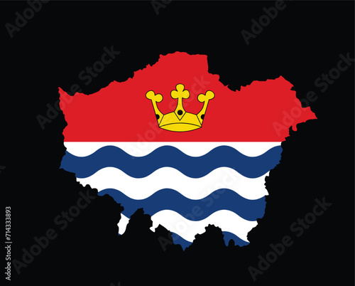 Greater London map vector silhouette illustration isolated on black background. London map flag of main town in United Kingdom and in England country. Greater London flag over map shape shadow.