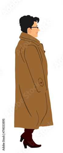 Elegant mature lady in a fur coat vector illustration isolated on white background. Senior woman classy looking. Rich confident lady fashion style walking on street. Winter female dress for cold days.