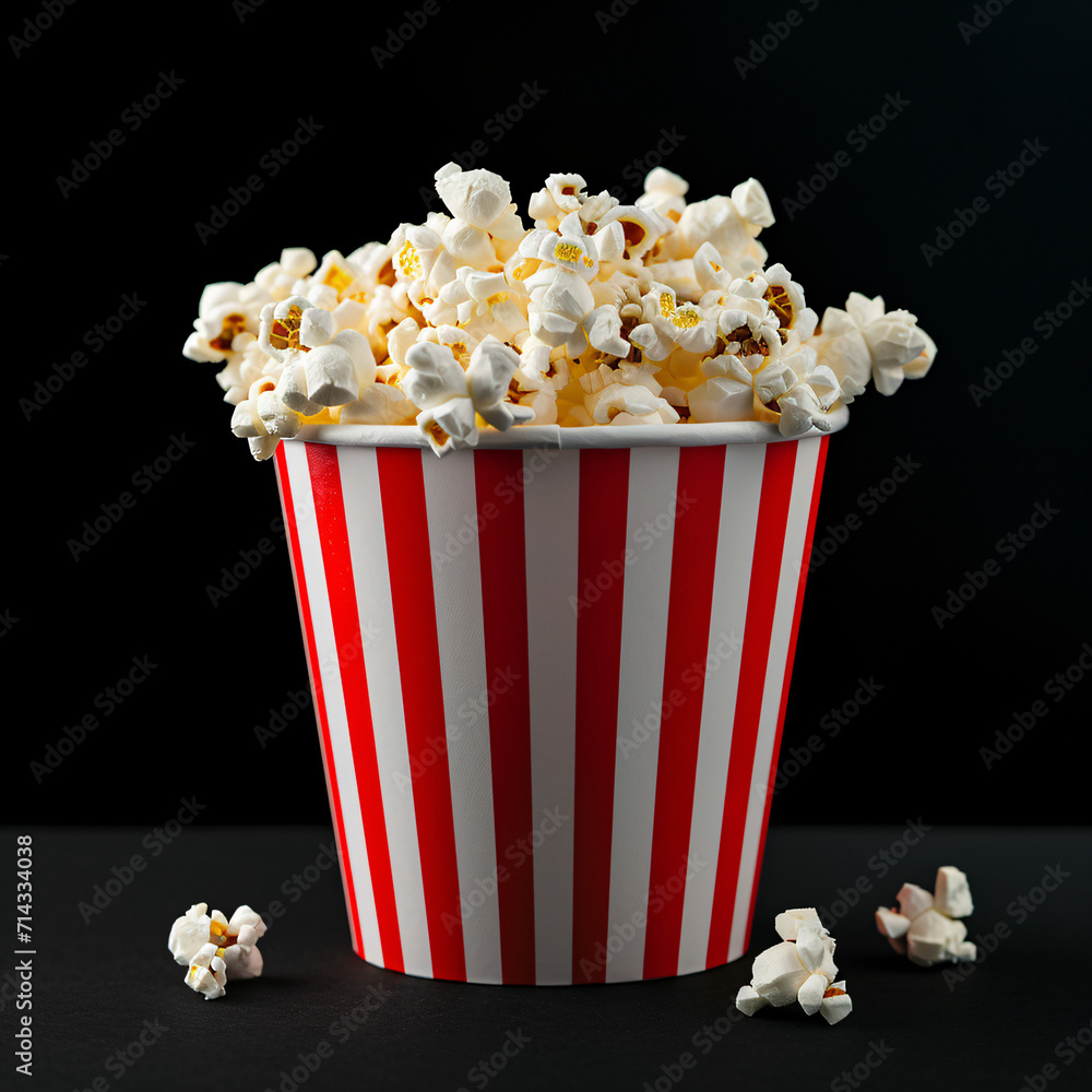 Bucket of popcorn, movie night snack on dark background.