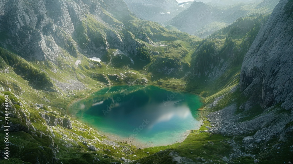  a blue lake surrounded by mountains in the middle of a green valley with lots of green grass on the sides of the lake is surrounded by rocks and grass on the other side of the.