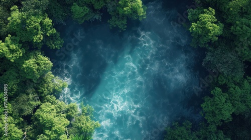 an aerial view of a river in the middle of a forest with blue water flowing through the center of the river, surrounded by lush green trees in the foreground.