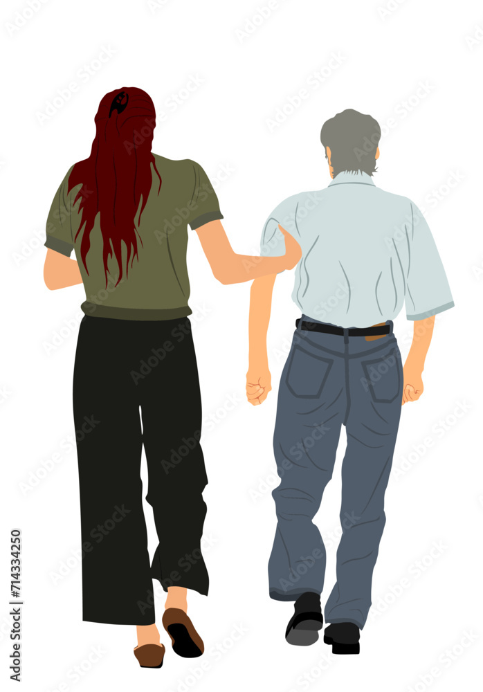 Nurse help old man to walking vector illustration isolated. Senior mature illness people nursing life. Old sick person with assistant daughter. Grandfather surgery disabled. Hospital health care.