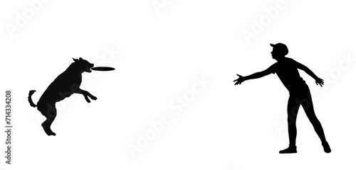 Family enjoy picnic. Playing man throws flying disk to dog grab with jaws outdoor in park vector silhouette illustration isolated on white. Dog throwing and catching flying disk. Catch grab game toy.
