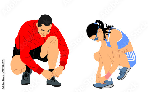 Sport couple woman and man tying laces on sneakers vector illustration isolated. Athlete sport  runner. Fit boy fix shoestring. Active sportsman tying shoelaces. Pause jogging girl active health care.