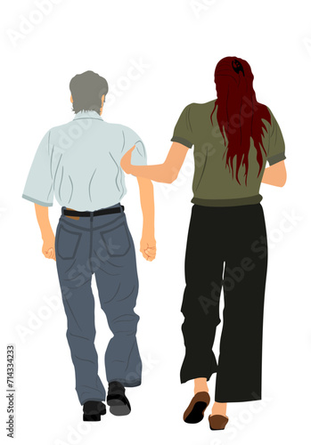 Nurse help old man to walking vector illustration isolated. Senior mature illness people nursing life. Old sick person with assistant daughter. Grandfather surgery disabled. Hospital health care.