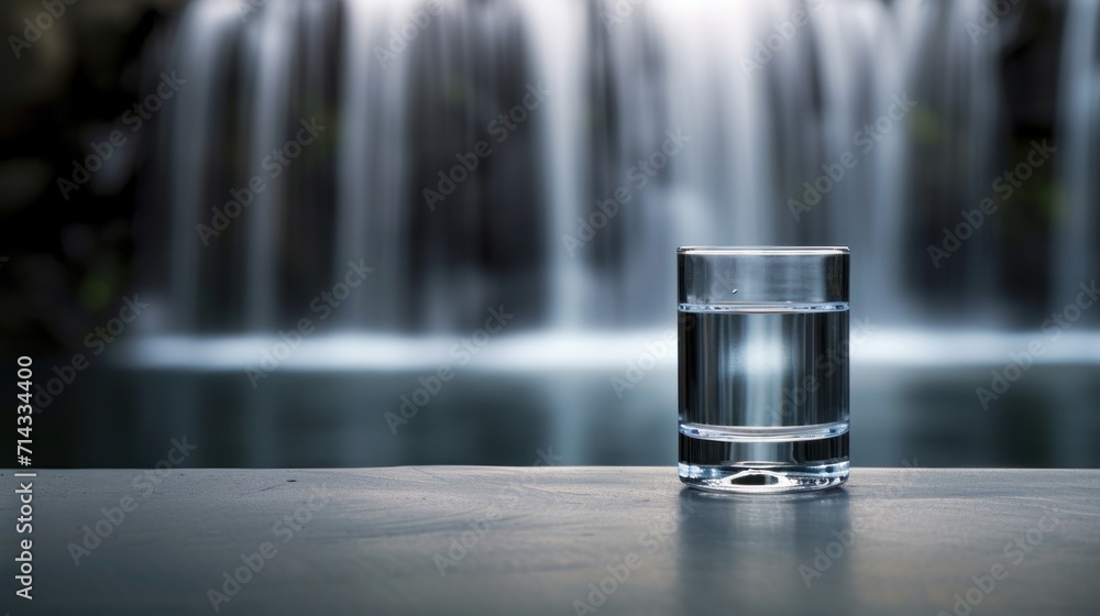 a glass of water sitting on top of a table next to a waterfall in front ...