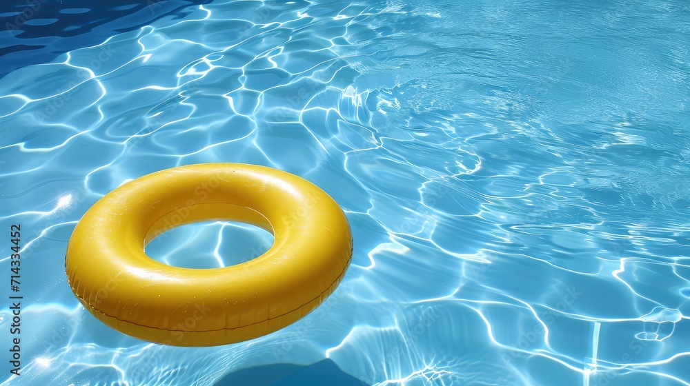 Yellow pool float, ring floating in a refreshing blue swimming pool Yellow pool float, ring floating in a refreshing blue swimming pool