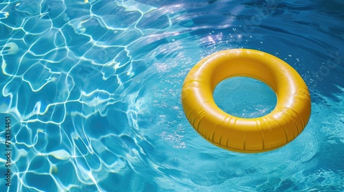 Yellow pool float, ring floating in a refreshing blue swimming pool