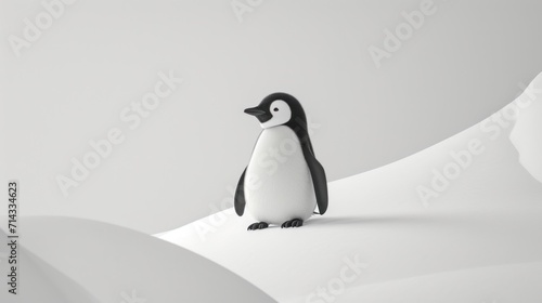  a black and white penguin standing on top of a snow covered hill in the middle of a snow covered hill with a black and white penguin on it s head.