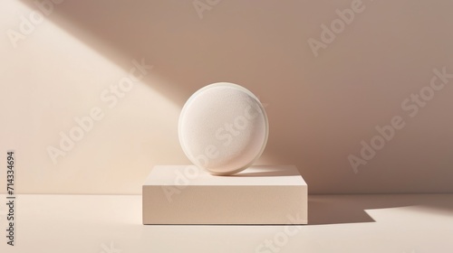  a white vase sitting on top of a white box on a white surface with a shadow of a wall behind it and a light coming from the top of the vase. © Anna