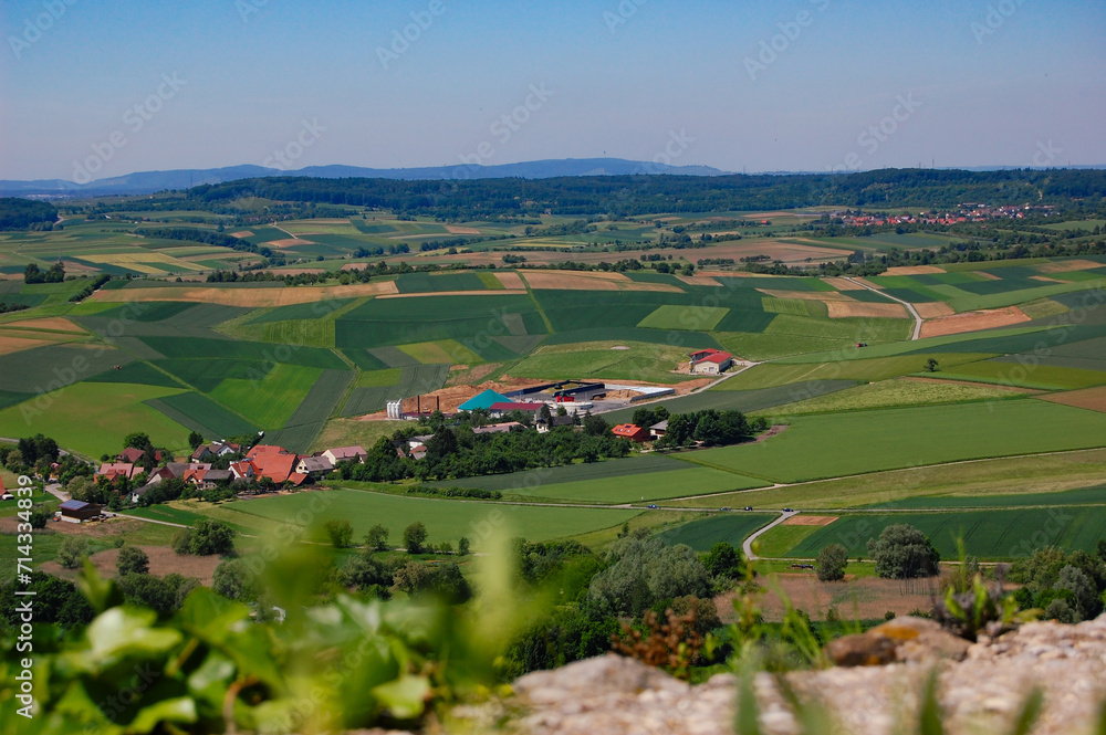 Aerial view of cultivated farm fields in the North Palatine Uplands (Rhineland-Palatinate) region of Germany