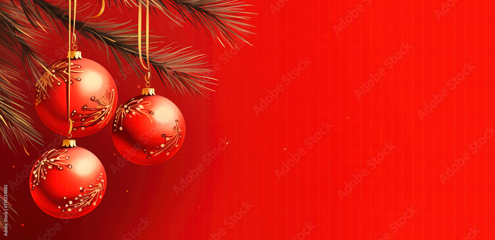 Red Christmas balls and fir branches on a red background, banner, New Year or Christmas. Christmas tree decorations, place for text. Illustration. Copy space Red Christmas balls and fir branches on a red background, banner, New Year or Christmas. Christmas tree decorations, place for text. Illustration. Copy space