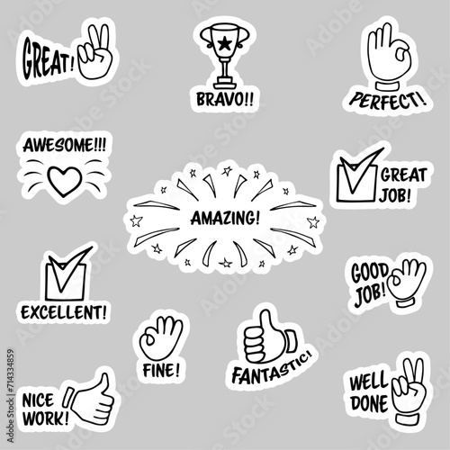 Set of stickers with inspirational and motivational, positive slogans, phrases, compliments, lettering quotes. Hand drawn vector doodles in line style, sketch style.